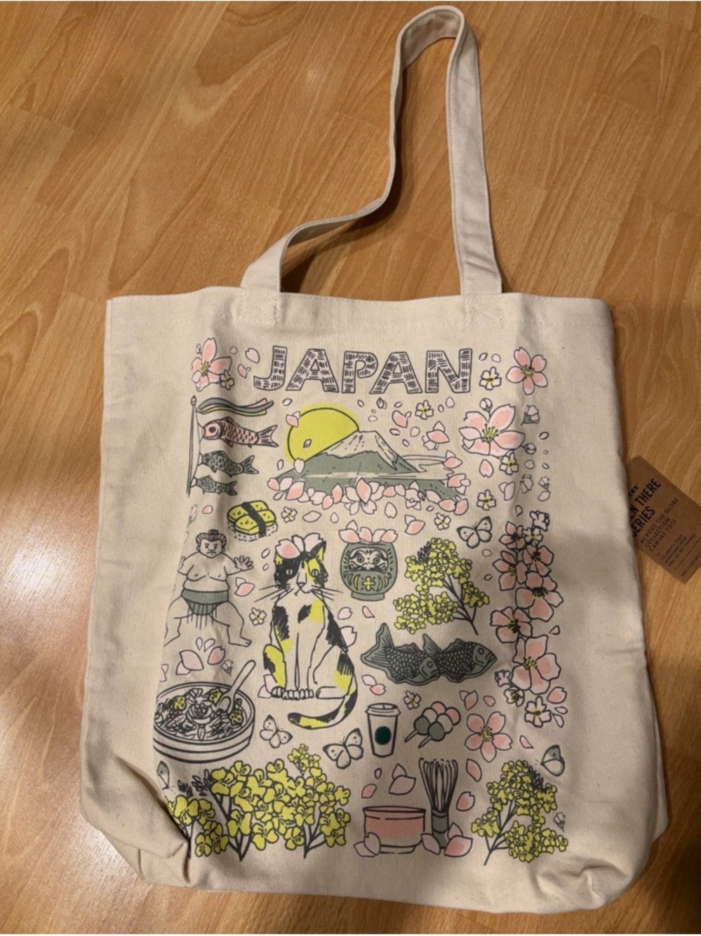 Japan Starbucks Graphic Canvas Tote Bag - Cream with Pink & Yellow Accents